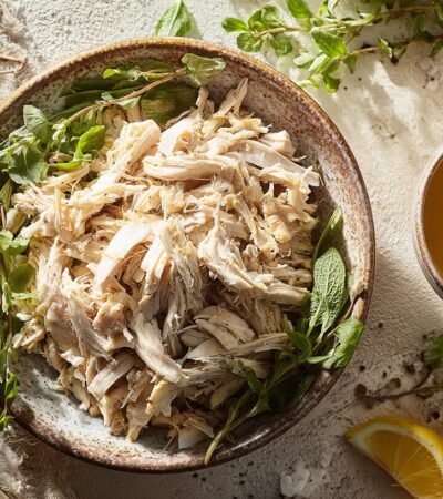 A ceramic bowl filled with healthy shredded chicken recipes garnished with fresh herbs and lemon wedges.