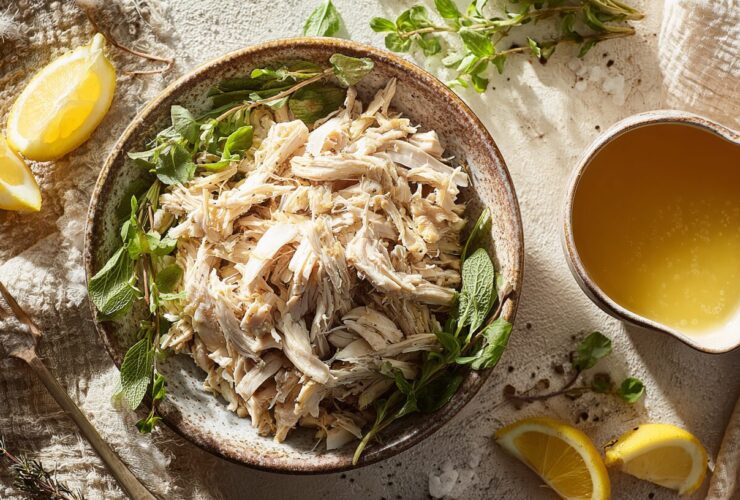 A ceramic bowl filled with healthy shredded chicken recipes garnished with fresh herbs and lemon wedges.