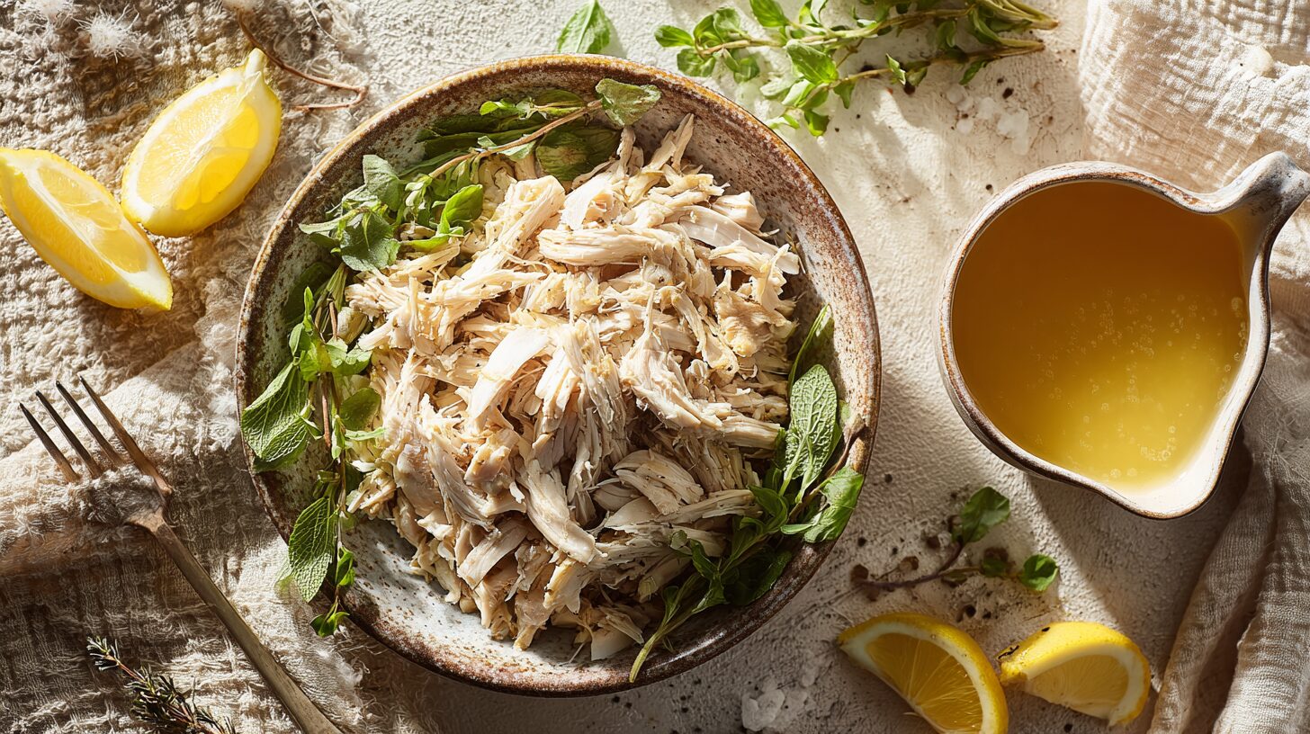 A ceramic bowl filled with healthy shredded chicken recipes garnished with fresh herbs and lemon wedges.