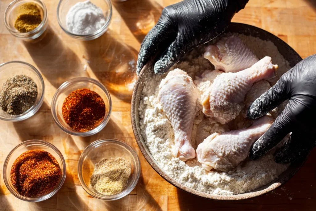 A top-down kitchen shot showing hands in black gloves dipping raw chicken legs into seasoned buttermilk, then moving them to a bowl of seasoned flour, surrounded by small spice bowls on a wood counter.