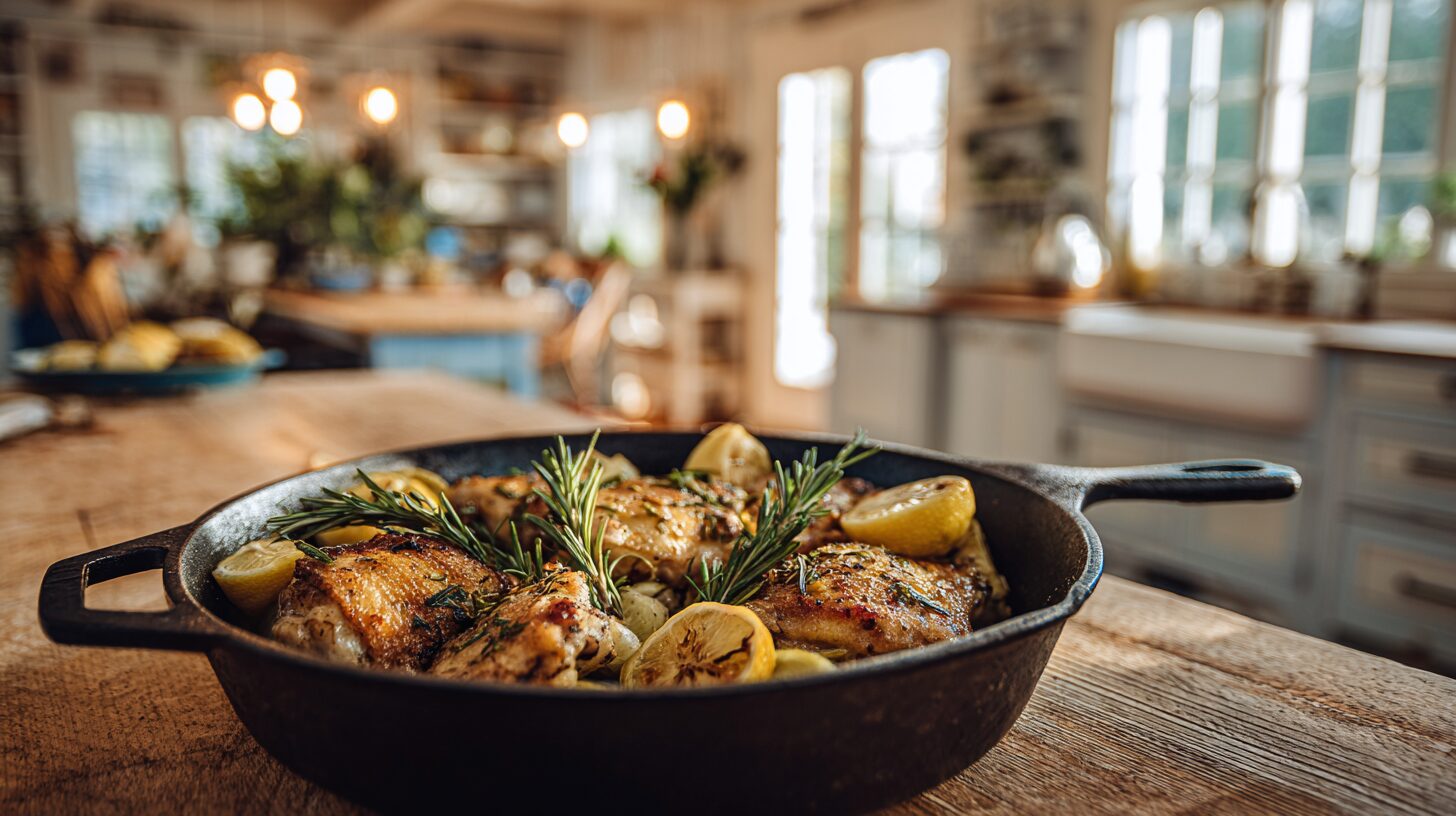A rustic cast iron pan filled with golden pan-seared chicken, fresh rosemary, and lemon slices, sitting on a wooden kitchen counter in a bright and cozy home kitchen.