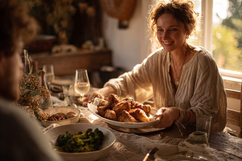 Woman passing a platter of baked chicken drumsticks recipe at a cozy family dinner table