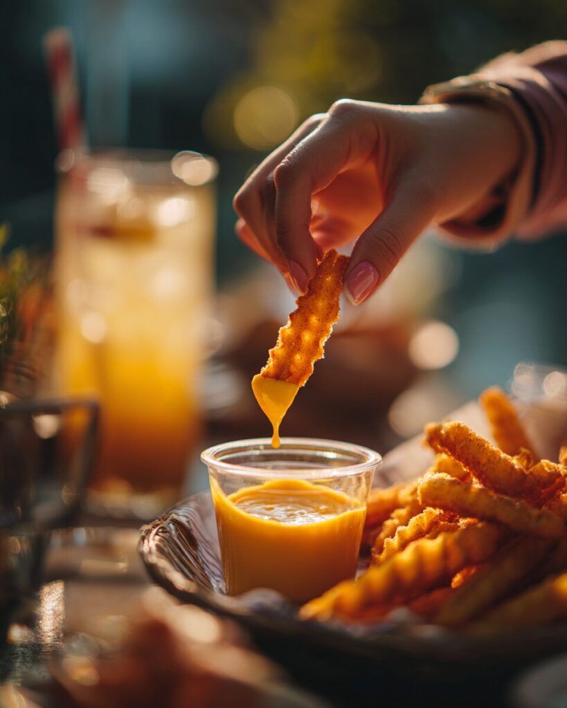 Dipping a freshly cooked chick fil a waffle fry into signature sauce on a summer patio table.