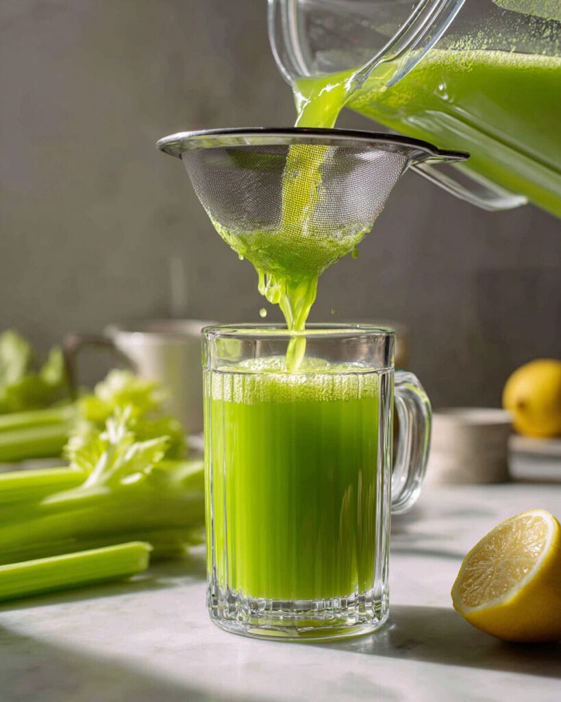 Straining fresh blended celery juice through a mesh strainer for homemade celery juice recipe