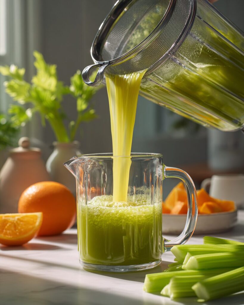 Straining fresh blended celery fruit juice recipe through a mesh strainer into a glass pitcher