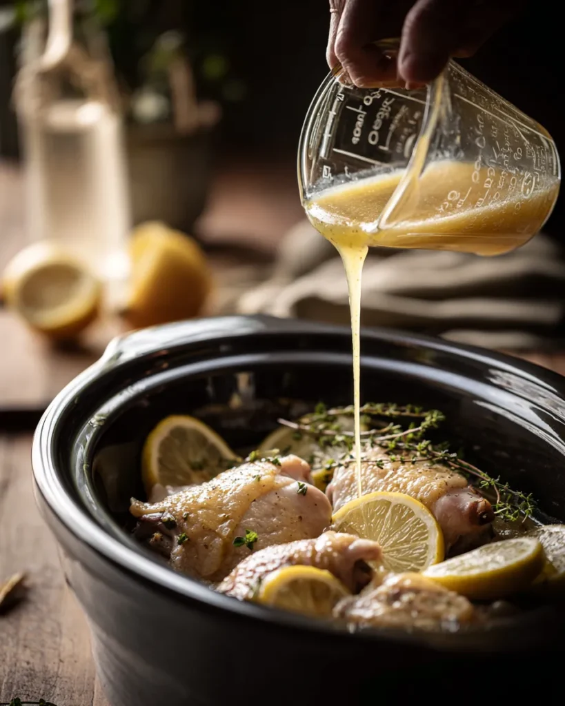 Pouring lemon butter sauce over seasoned chicken thighs in slow cooker for crockpot lemon chicken recipe
