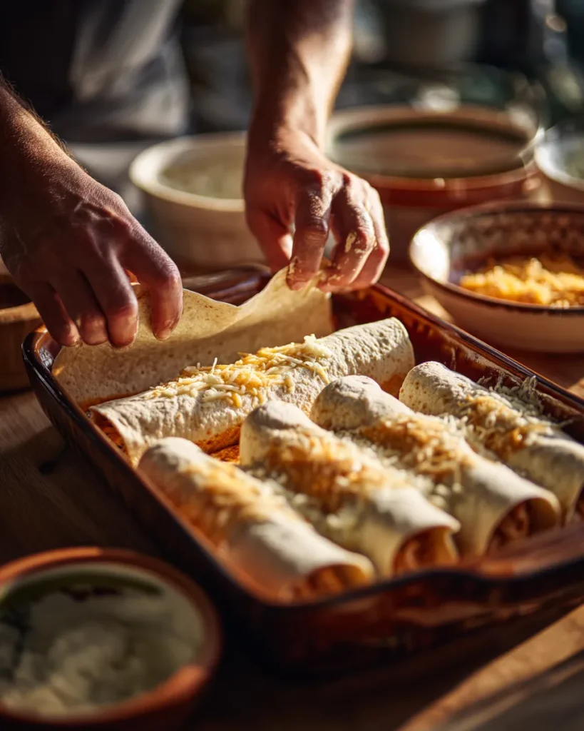 Rolling sour cream chicken enchiladas with shredded chicken and cheese filling in a baking dish