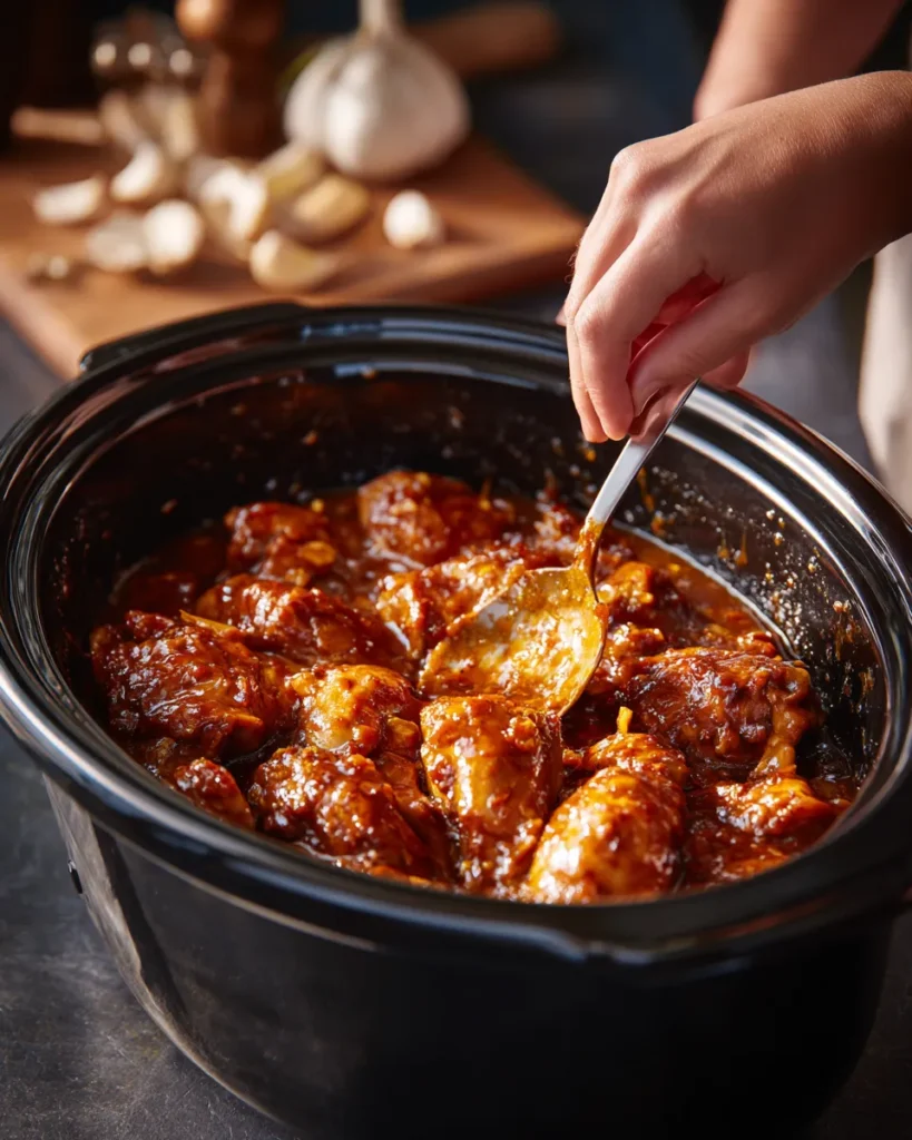 Stirring orange marmalade sauce over chicken in slow cooker for crockpot orange chicken recipe