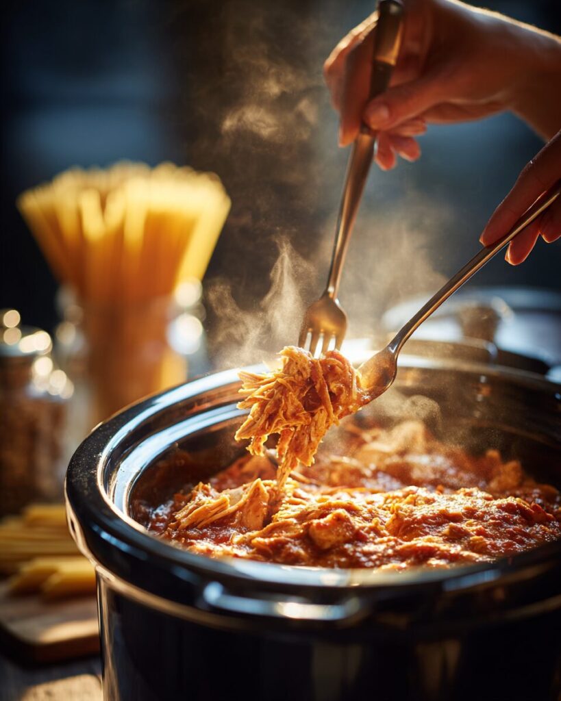 Shredding tender chicken in creamy sauce inside slow cooker for crockpot chicken spaghetti