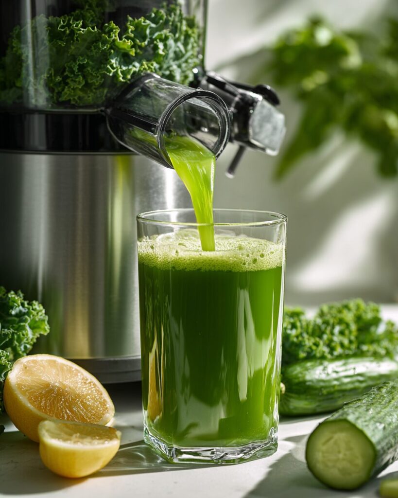 Fresh green juice pouring from juicer for juicing recipes for weight loss collection