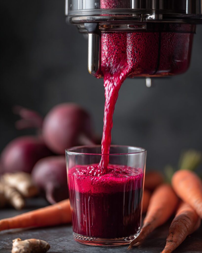 Fresh beet juice pouring from juicer for juice cleanse recipes collection