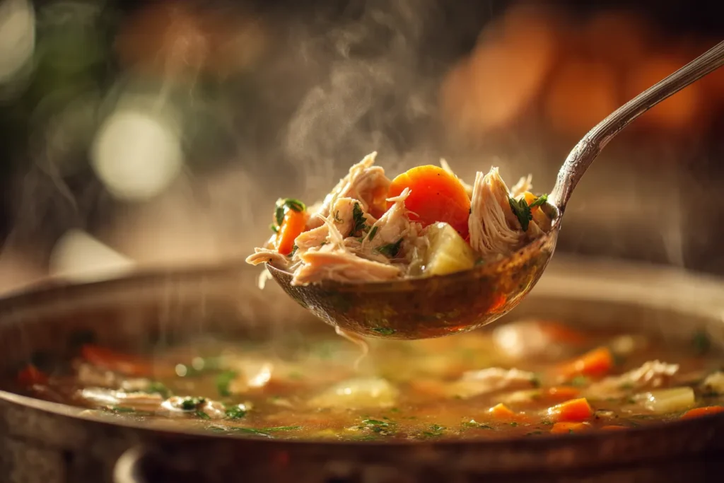A dynamic close-up of a silver ladle scooping a hearty serving of chunky chicken soup with shredded meat and vegetables from a pot, transferring it to a rustic bowl amidst rising steam.