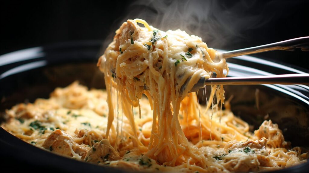 Tongs lifting a cheesy serving of crockpot marry me chicken pasta with a large cheese pull.