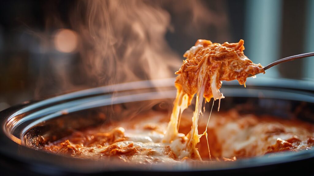 A large cheese pull coming from a fresh batch of slow cooker buffalo chicken dip.