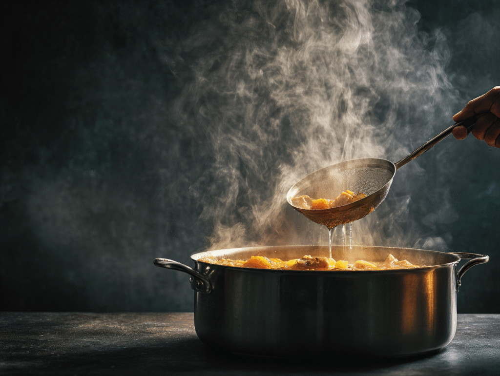 Skimming foam and impurities off the surface of a stockpot to make clear, perfect chicken broth from bones.