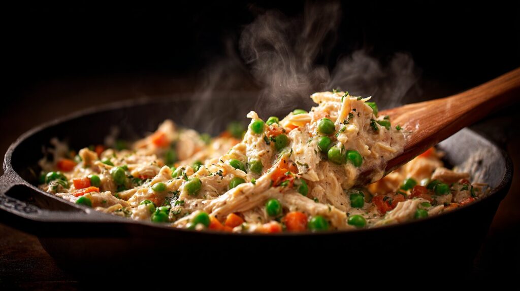Stirring the creamy, savory chicken and vegetable filling for a kfc chicken pot pie.