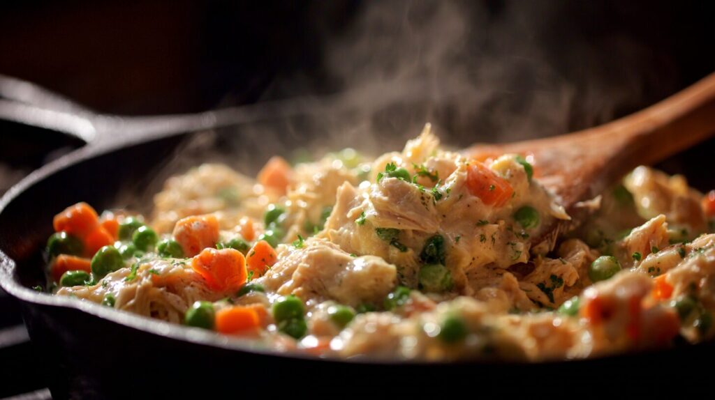 Stirring the creamy, savory chicken and vegetable filling for a chicken pot pie kentucky fried copycat.