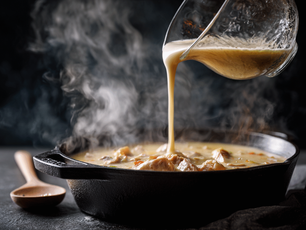 Pouring heavy cream into a simmering Dutch oven to make a rich chicken and potato soup on the stovetop.