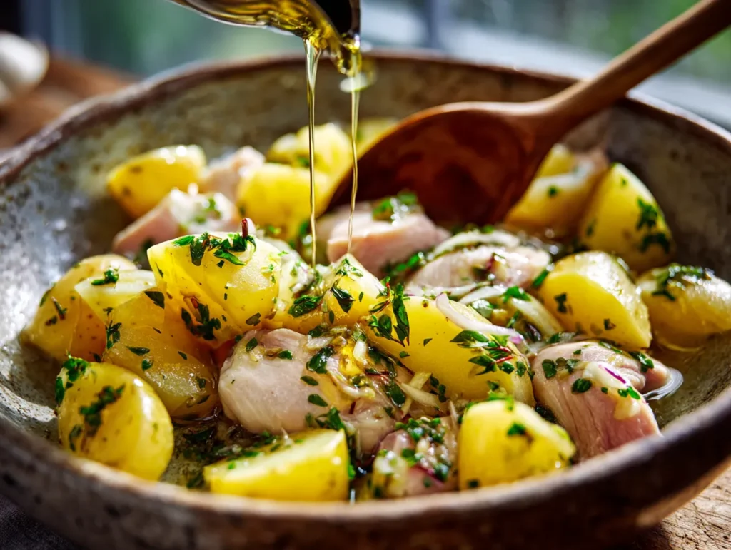 Tossing raw chicken pieces, diced baby potatoes, olive oil, and fresh herbs in a large bowl to prepare quick and easy chicken and potato recipes.