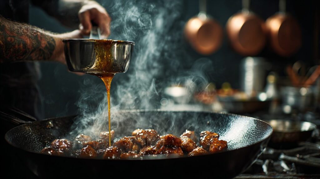 Chef pouring thick, sweet bourbon chicken sauce over seared chicken thighs in a hot wok with heavy steam rising.