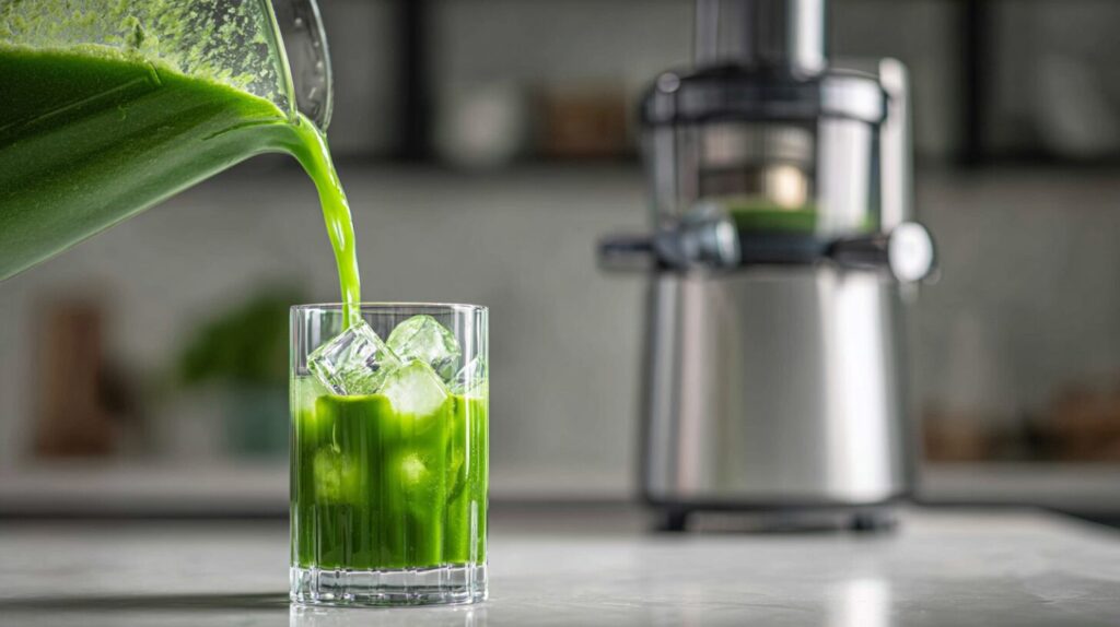 Pouring freshly made green juicing weight loss recipes from a pitcher into a glass with ice.