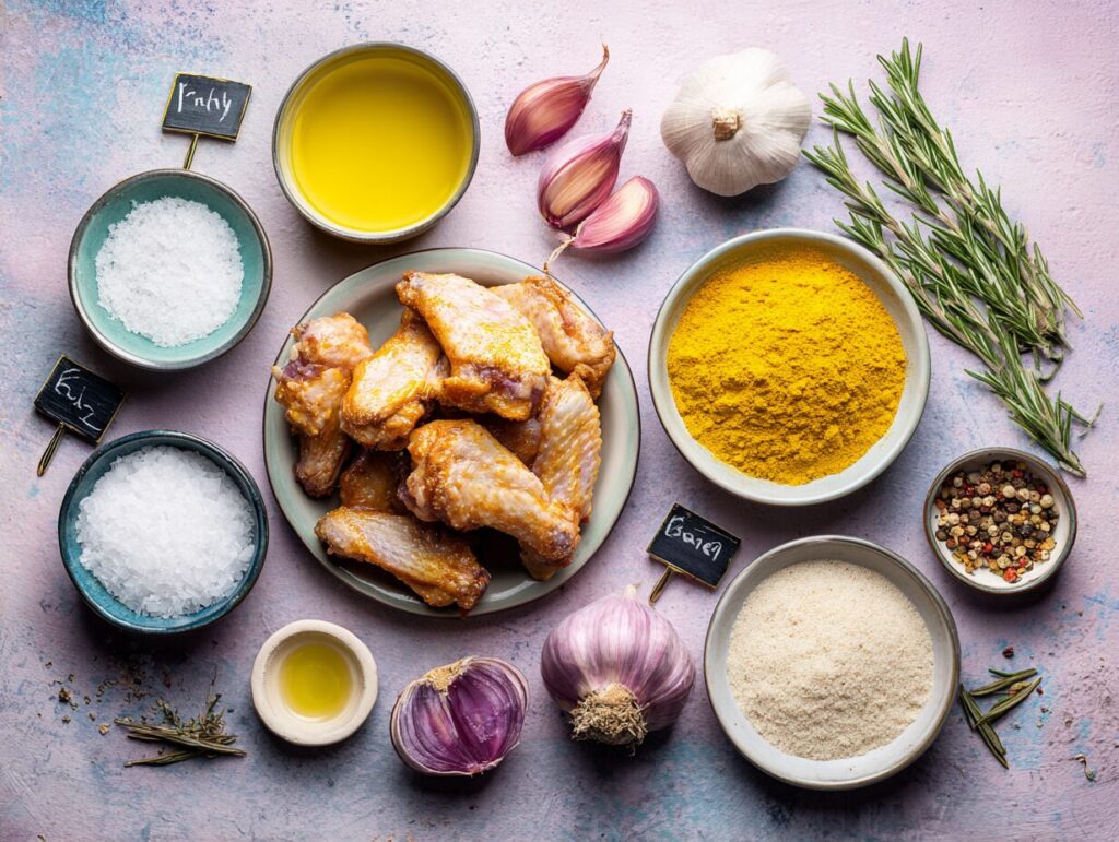 Flat lay of raw chicken wings, baking powder, kosher salt, and spices needed for baked chicken wings in oven.
