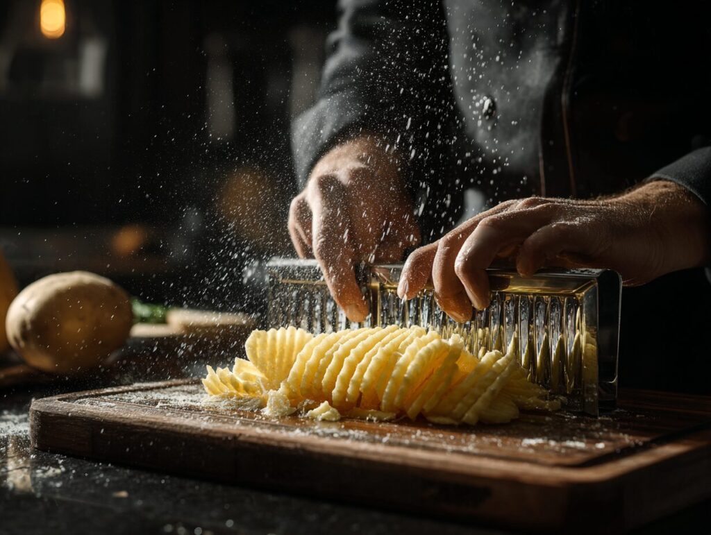 Chef rotating a russet potato on a mandoline slicer to demonstrate how to cut waffle fries perfectly.