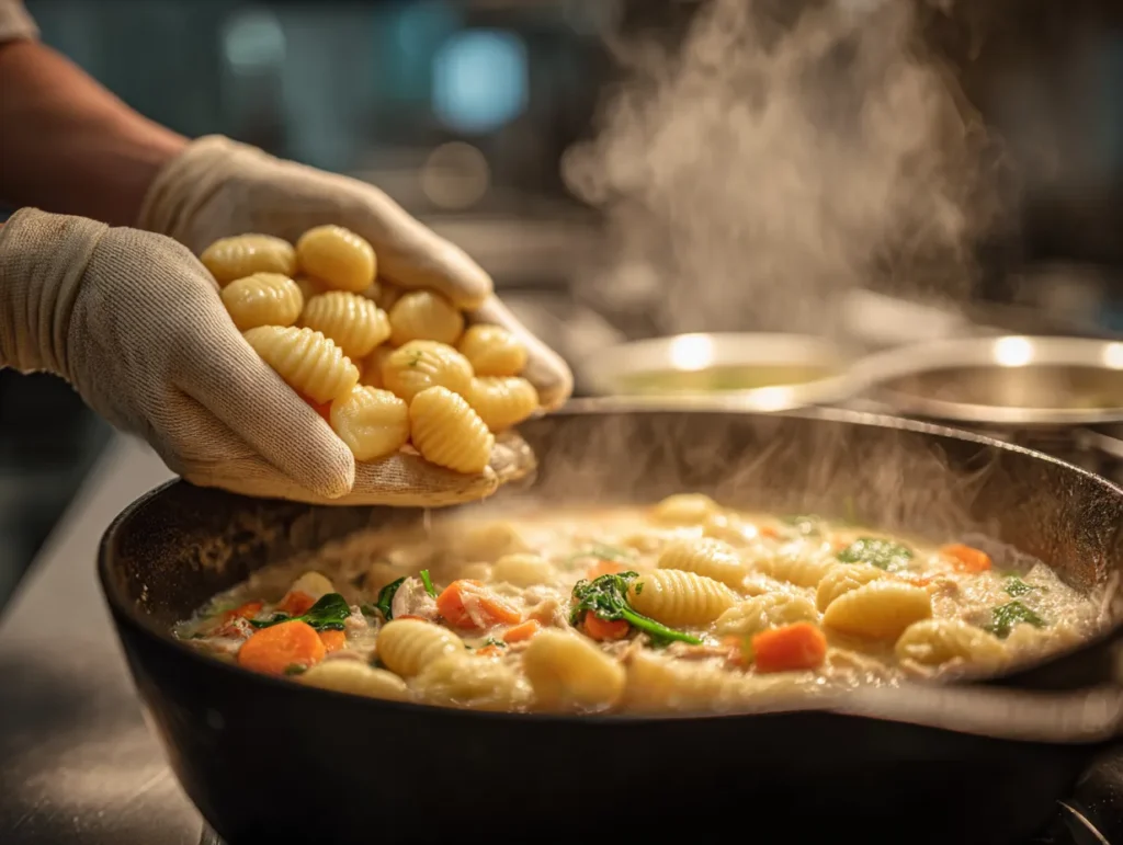 A close-up action shot of a hand with a wooden spoon stirring plump, ridge-detailed gnocchi into a simmering pot of creamy chicken soup, a key step in a copycat recipe.