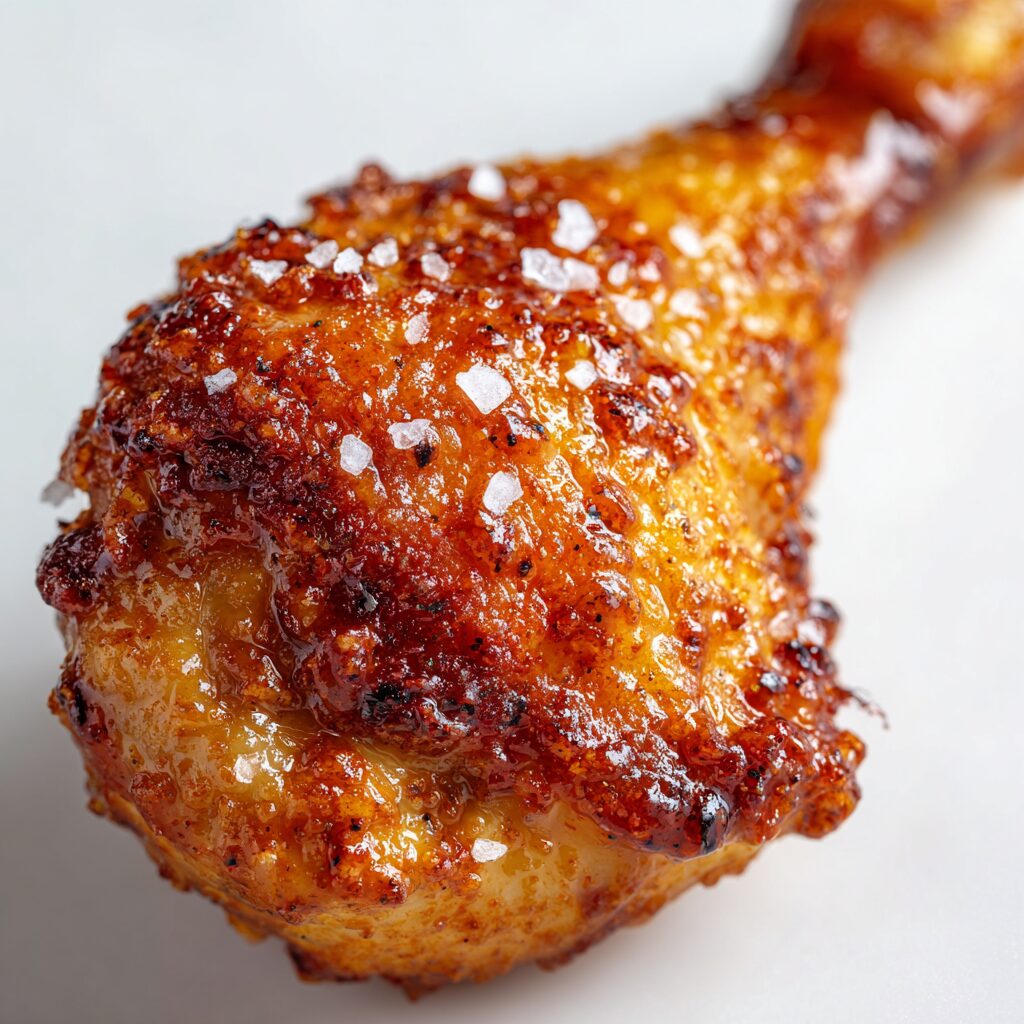 Extreme macro of crispy baked chicken drumstick skin showing caramelized texture and rendered fat