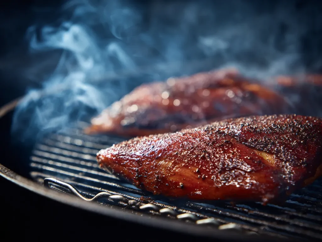 A close-up looking directly into an active smoker, where glistening smoked chicken breasts rest on the grate, monitored by a probe, while light blue smoke hangs around the meat.