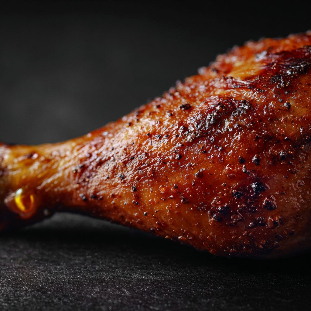 Extreme macro closeup of crispy chicken leg in oven skin texture showing rendered fat and caramelized surface