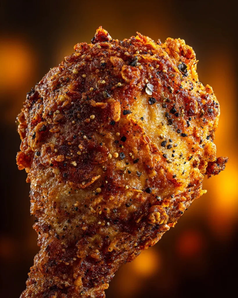 An extreme macro, vertical portrait view of a single Southern fried chicken drumstick, focusing purely on the hyper-detailed, golden-brown craggy texture of the crunchy skin with embedded black pepper.