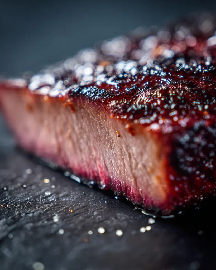 An extreme close-up, macro beauty shot of a single thick slice of smoked chicken breast, revealing the internal pink smoke ring and a moist, glistening texture with rendered fat.