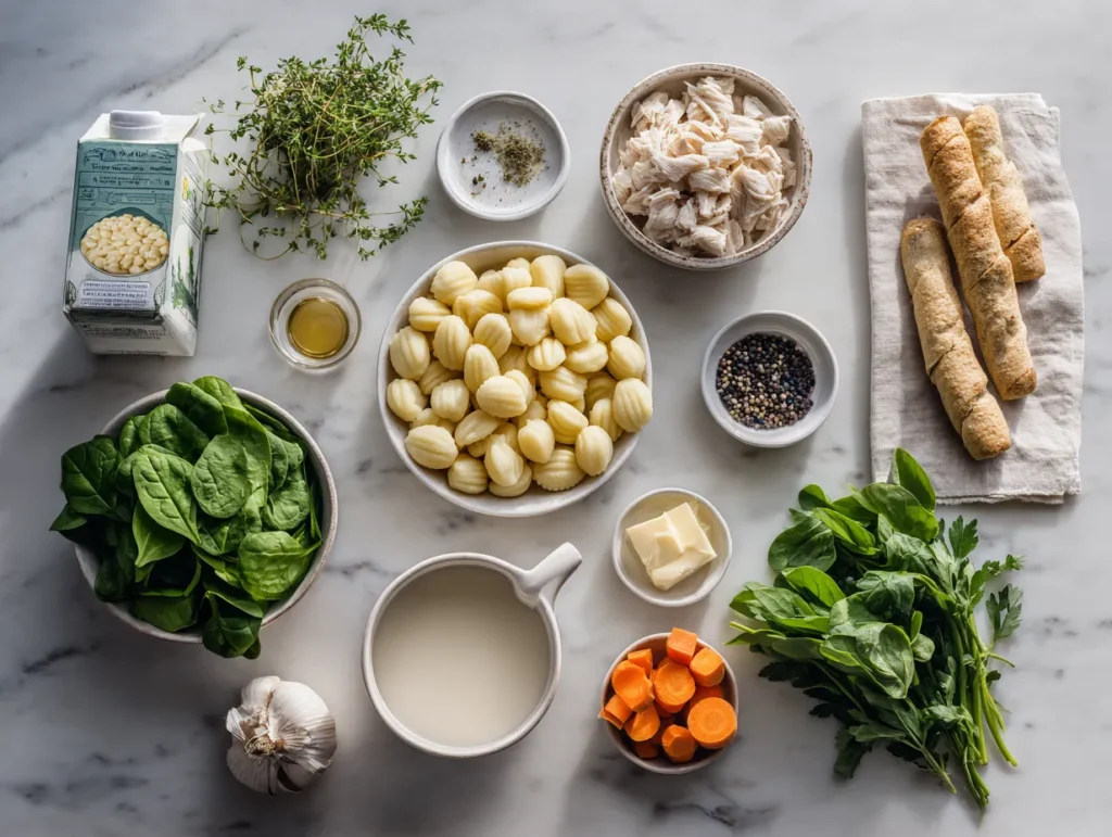 An overhead flat lay (mise en place) view of all the fresh ingredients needed for Olive Garden Chicken Gnocchi Soup, including piles of gnocchi, spinach, chicken, carrots, cream, and parmesan cheese on a clean marble counter.