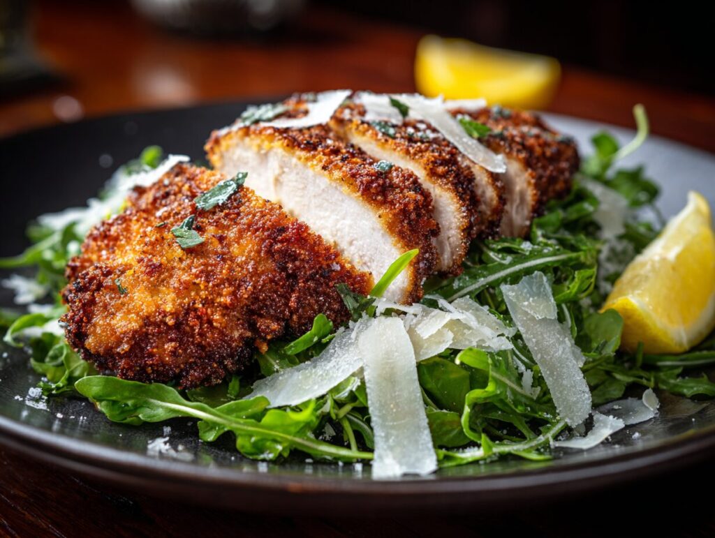 A sliced crispy chicken cutlet recipe served over a bed of fresh green arugula salad showing the juicy white interior meat.