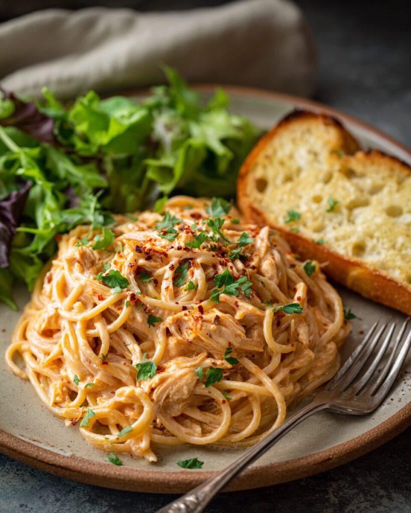 Plated crockpot chicken spaghetti with creamy cheesy sauce garlic bread and parsley garnish