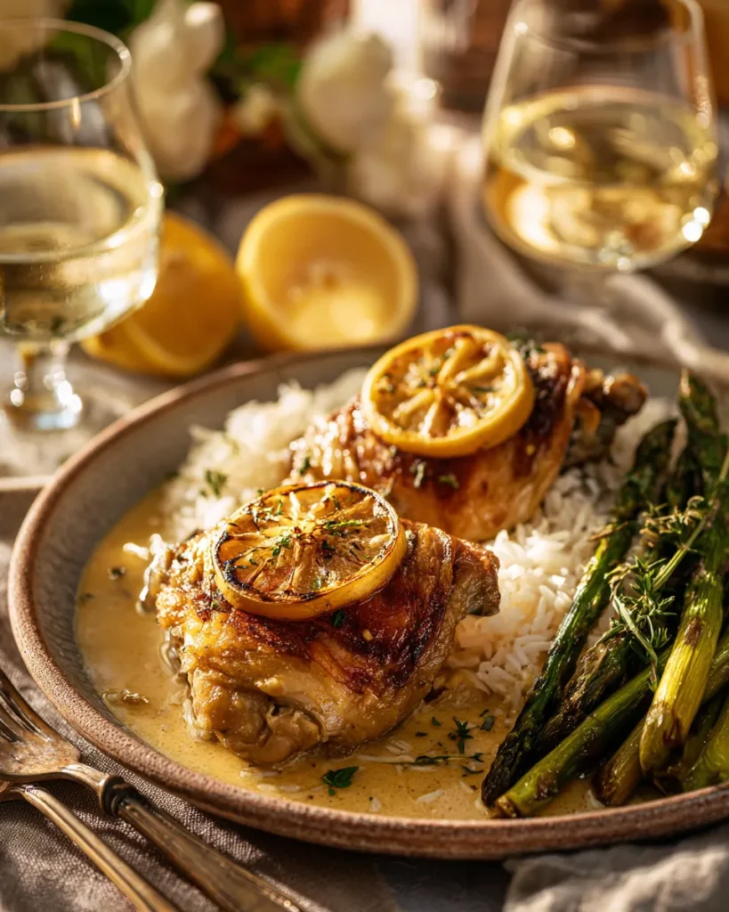 Plated crockpot lemon chicken dinner with rice asparagus and buttery lemon herb sauce