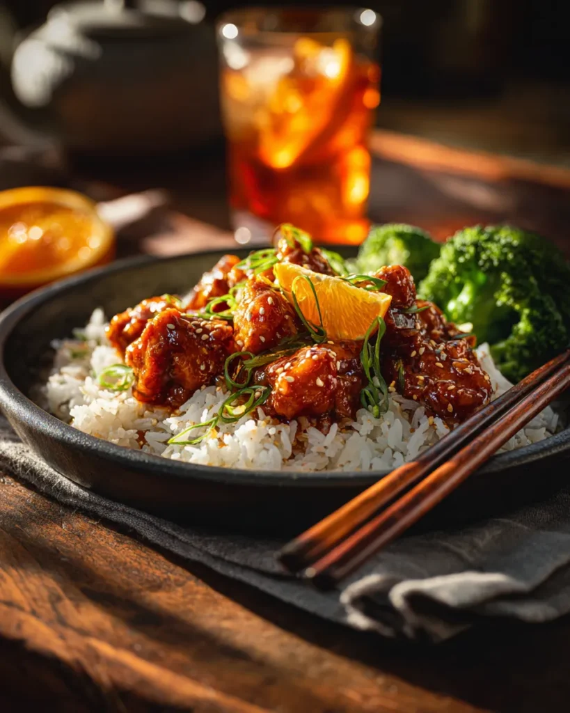 Plated crockpot orange chicken over steamed rice with sesame seeds green onions and broccoli