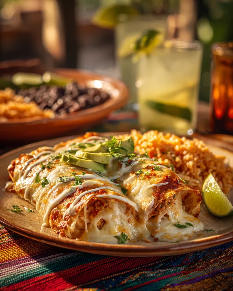 Plated sour cream chicken enchilada recipe with creamy filling melted cheese cilantro and avocado