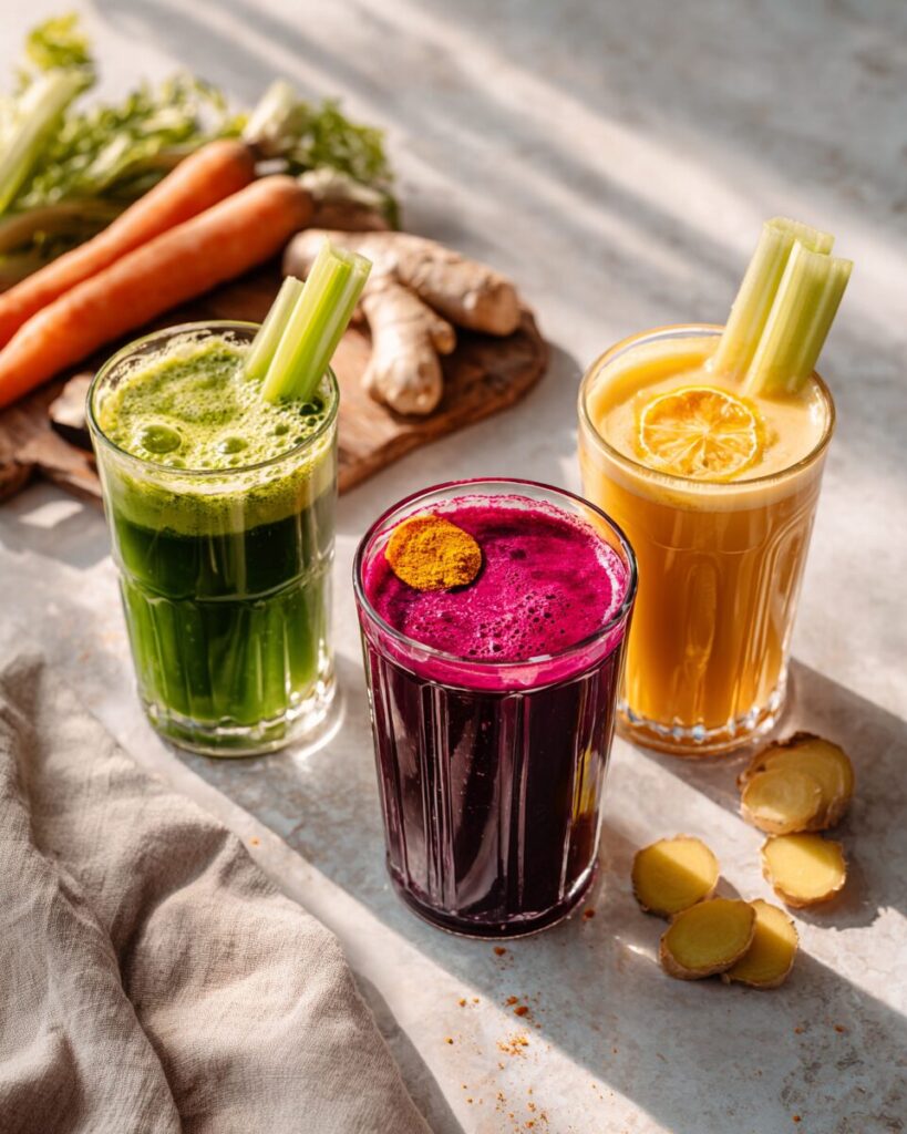 Three styled juice cleanse recipes glasses with green beet and golden juices garnished with fresh produce