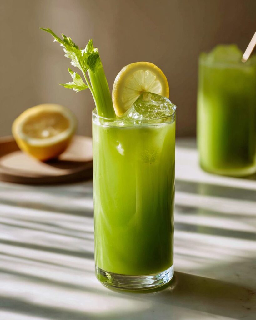 Styled glass of celery juice recipe with ice lemon garnish and celery stalk stirrer