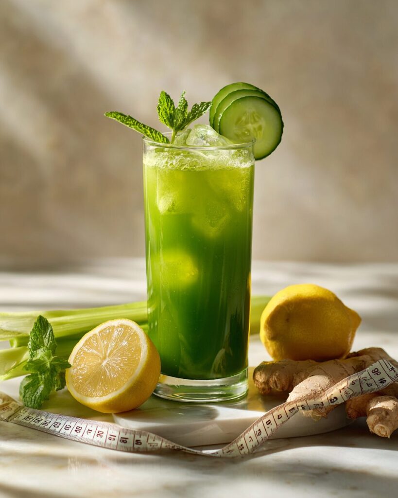 Styled glass of green juice from juicing recipes for weight loss with cucumber mint and lemon garnish