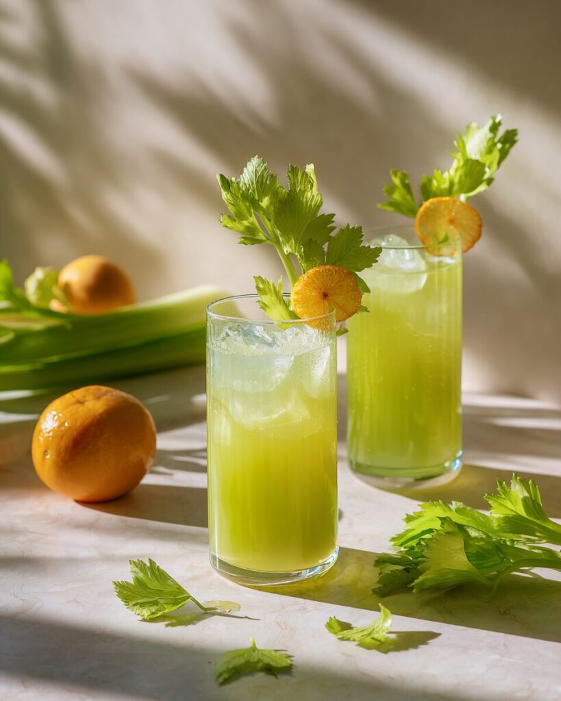 Two styled glasses of celery fruit juice recipe with orange garnish celery stalk stirrer and ice