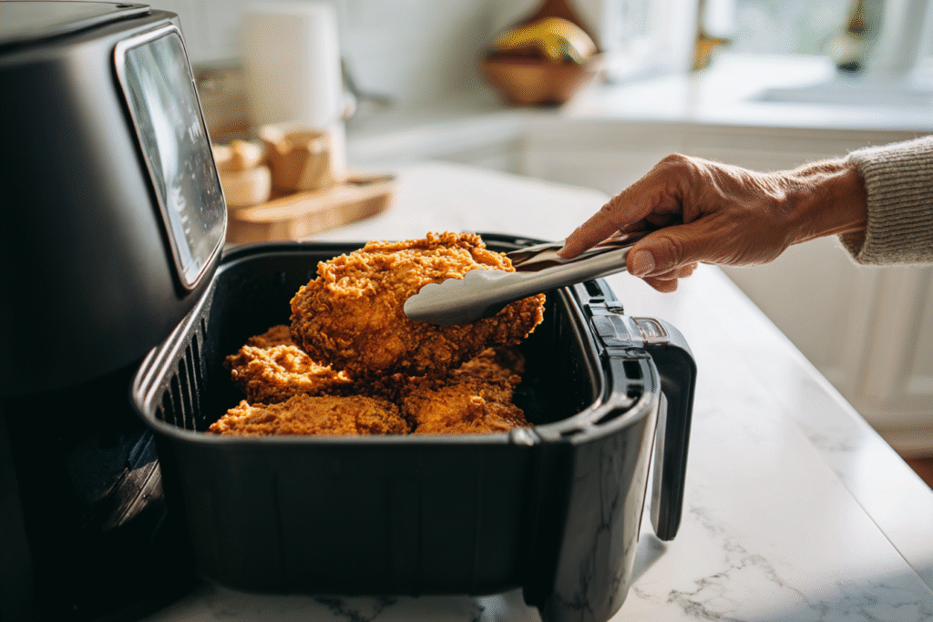 Chef placing leftover fried chicken into an air fryer basket with tongs. - how to reheat fried chicken