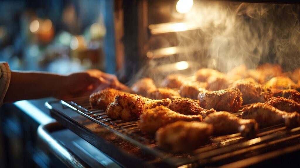 Hands placing seasoned chicken drumsticks in oven on wire rack — step-by-step guide to how long to cook chicken legs in oven