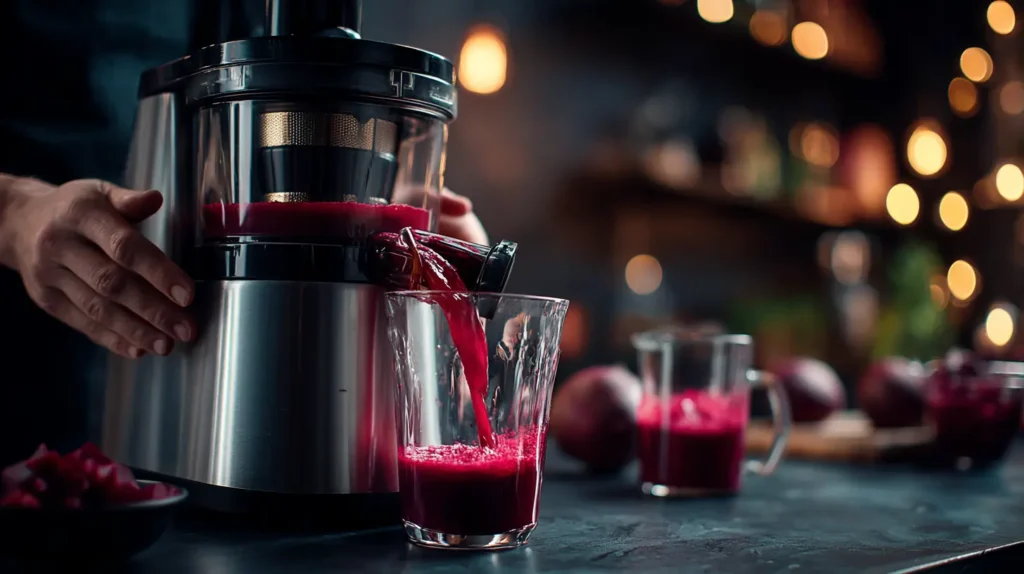 Making beet juice recipe — cold press juicer extracting fresh crimson juice into glass pitcher