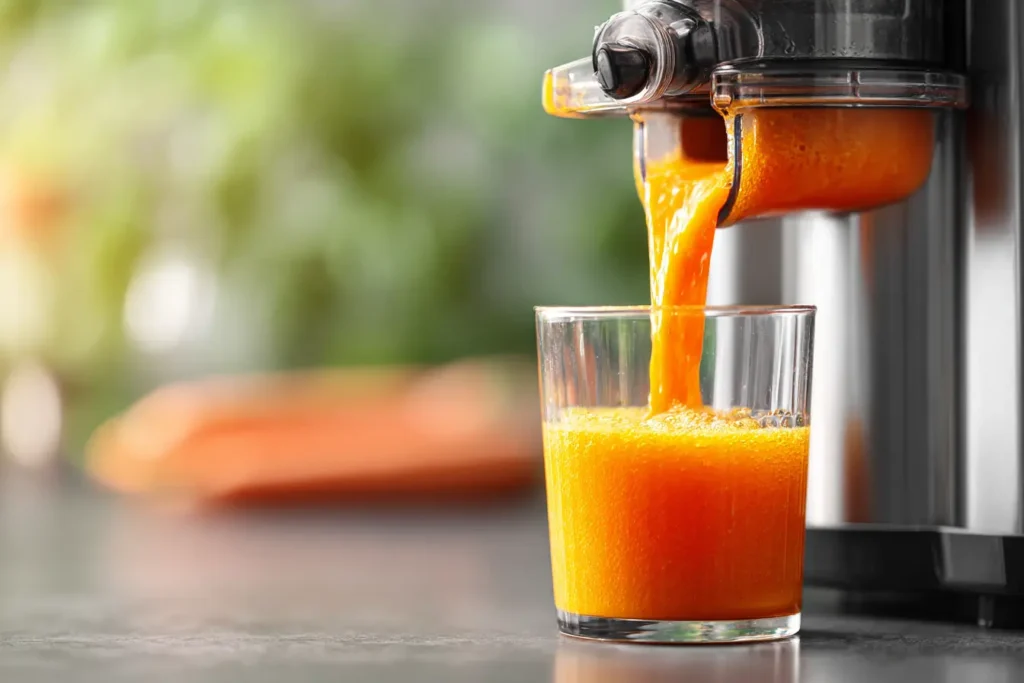 Juicer recipes — cold press juicer extracting fresh carrot juice into a glass on a kitchen counter