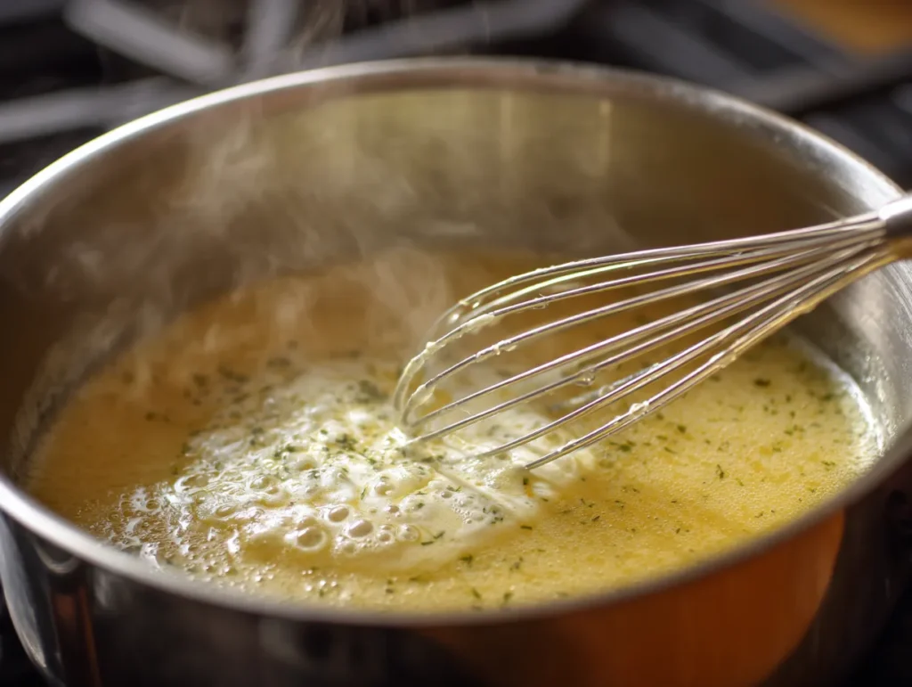Whisking hot broth into the egg mixture to temper the soup