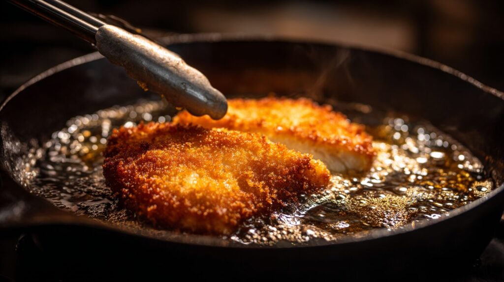 Frying a chicken cutlet recipe in a cast iron skillet with hot oil aggressively bubbling around the golden brown edges of the meat.