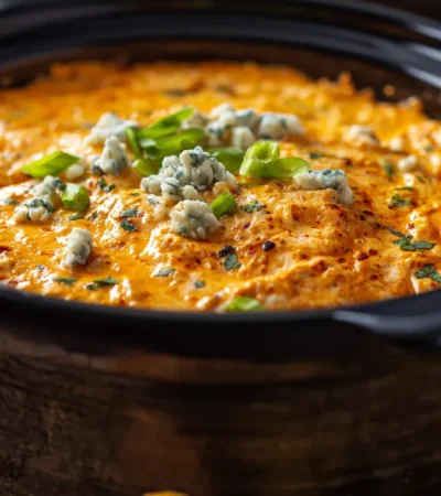 A top-down view of creamy buffalo chicken dip in crock pot surrounded by tortilla chips and celery.